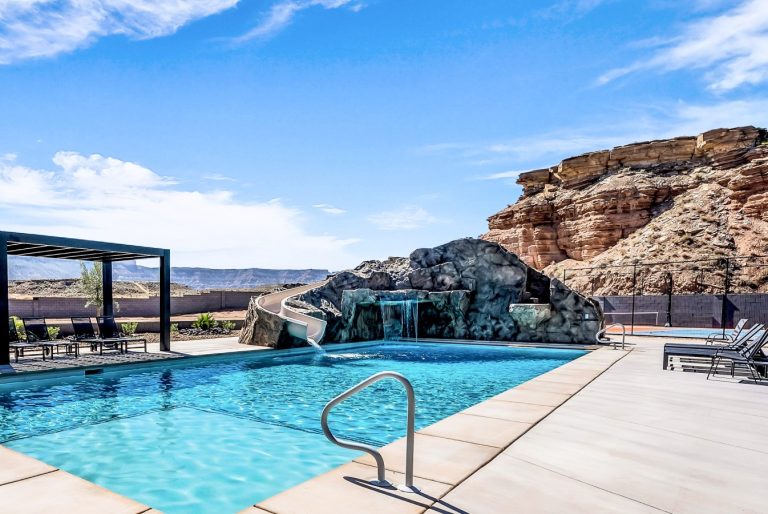 55' Pool with 35' Long Waterslide, Jump Platform, Waterfall, Grotto